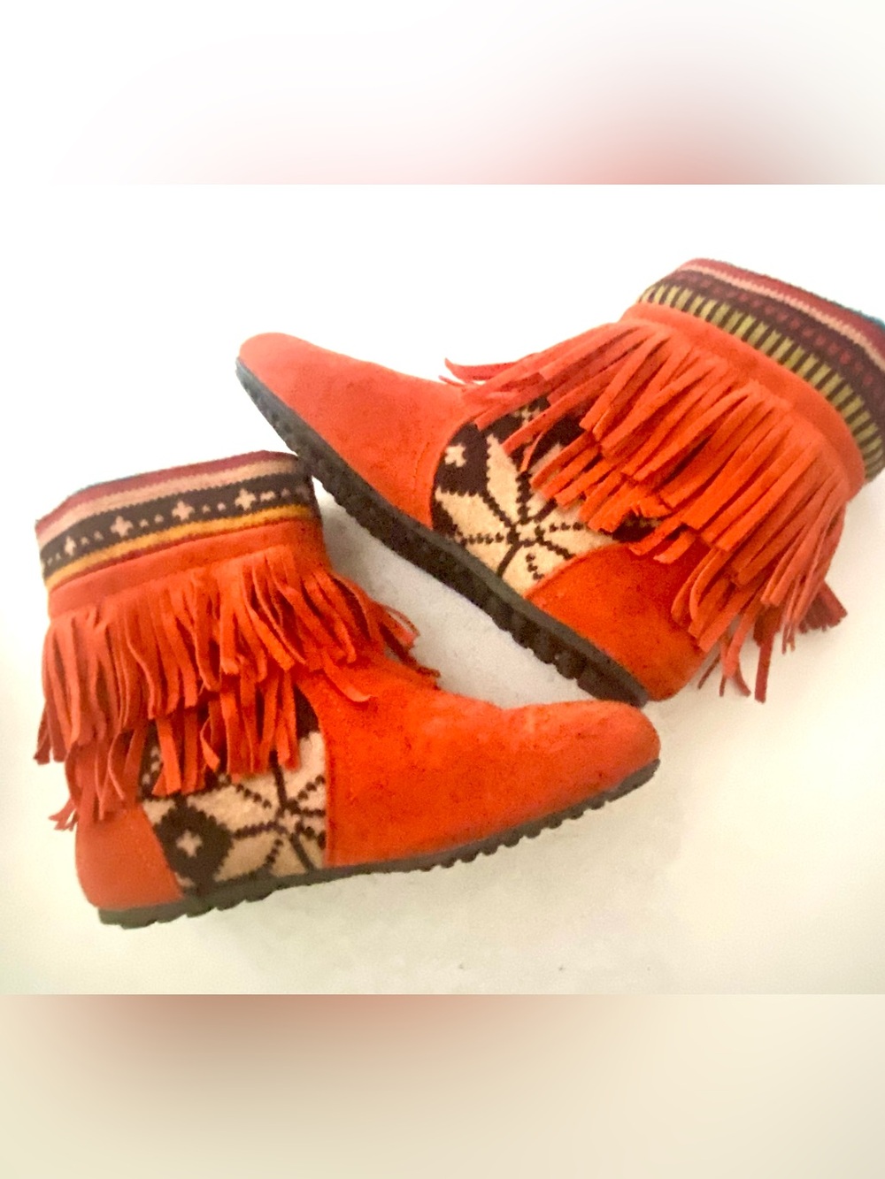 Fringed Ankle Boots in Orange with Aztec Knit Panel